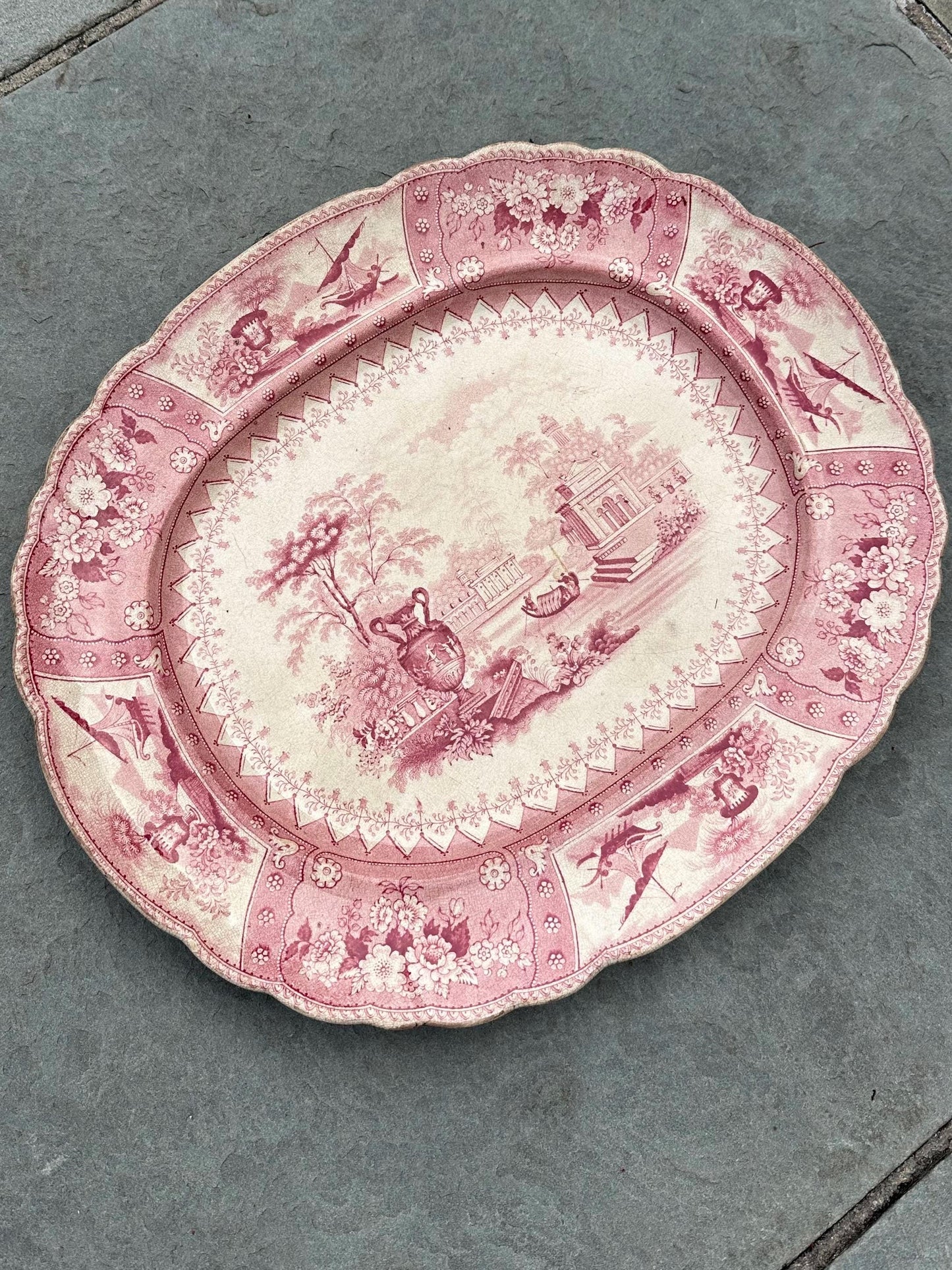 Antique 1800s Georgian Stoneware Early Staffordshire Red Pink Transferware Platter