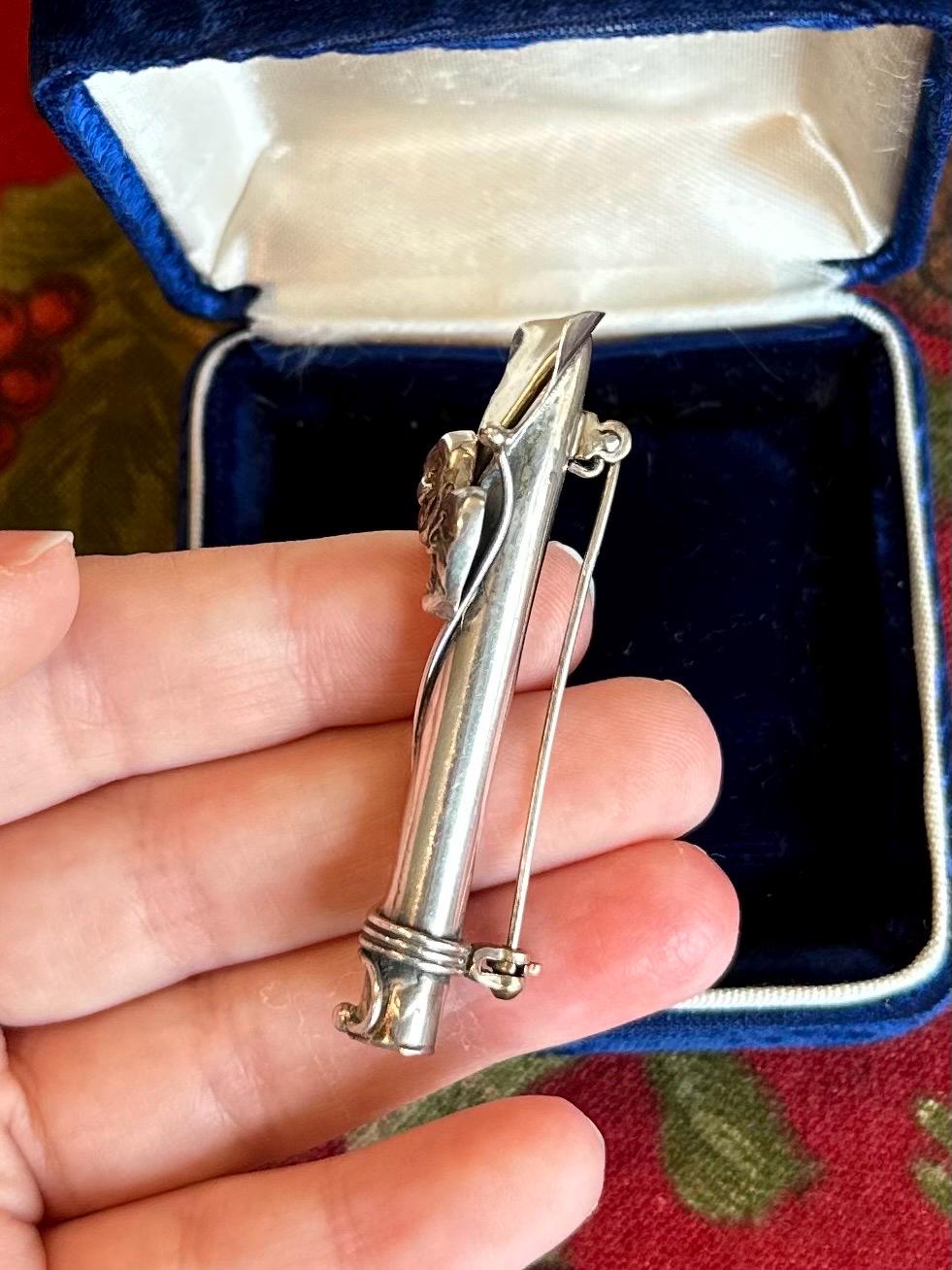 Vintage Signed REO Sterling Silver Comedy & Tradegy Drama Masks Cylindrical Flower Holder Brooch Pin Theater Boutonnière