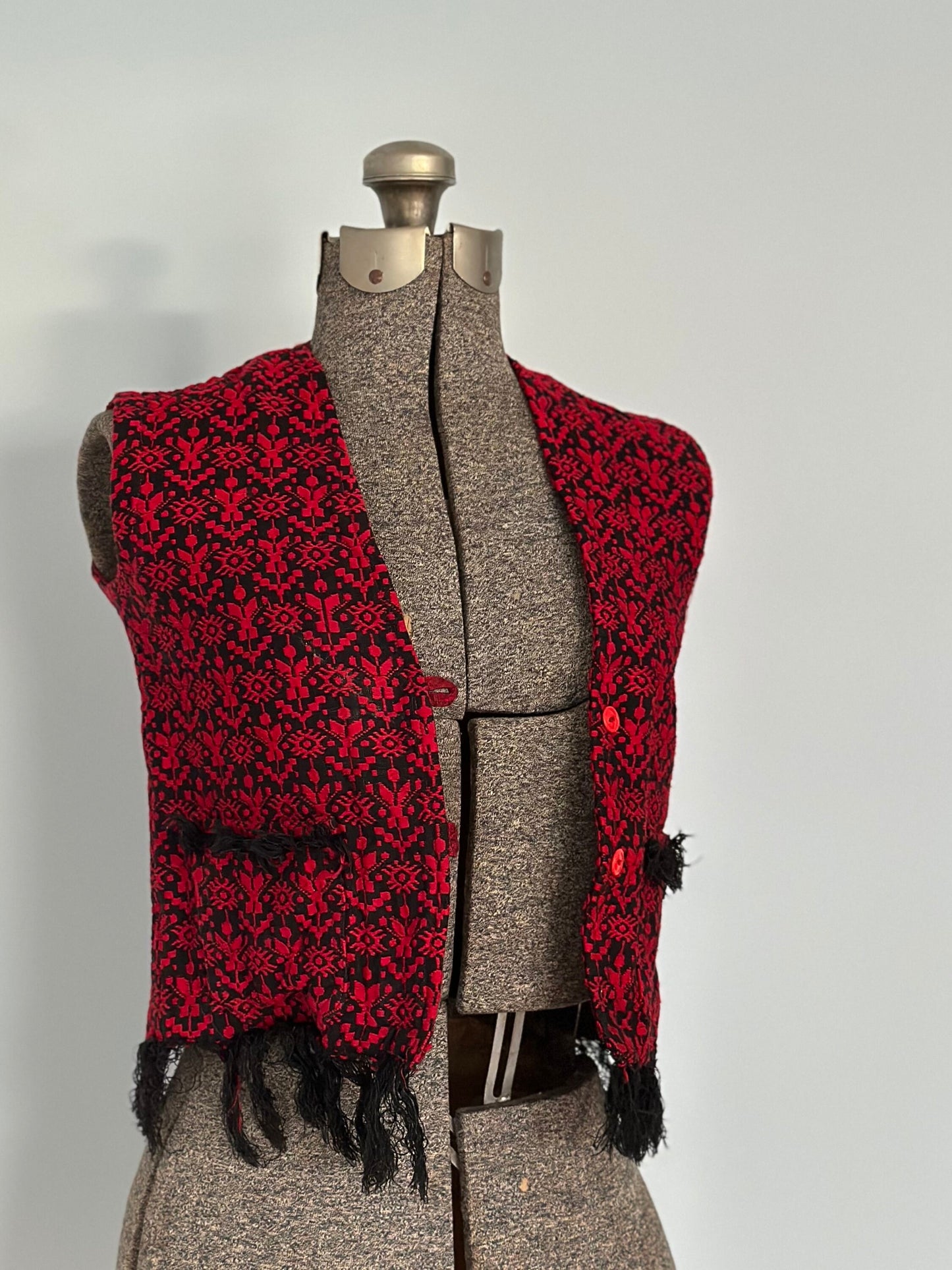 1970s Guatemalan Red & Black Woven Vest with Fringe