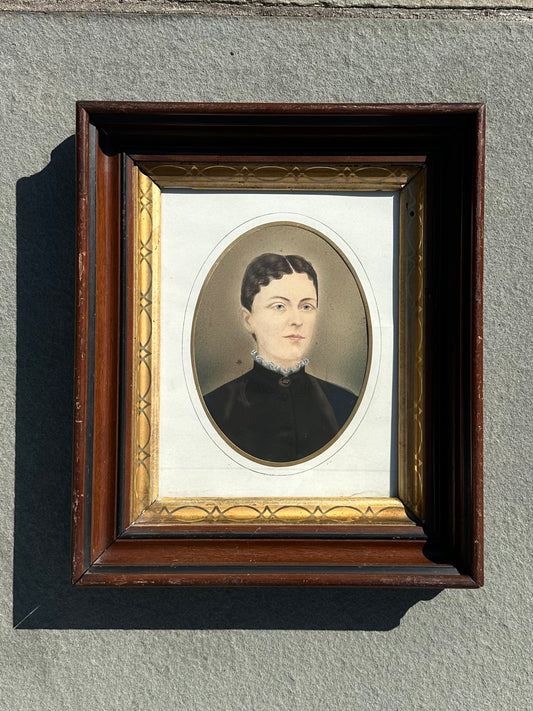Antique 19th Century Victorian Era Wood Framed Hand Painted Portrait of a Woman Mourning Piece