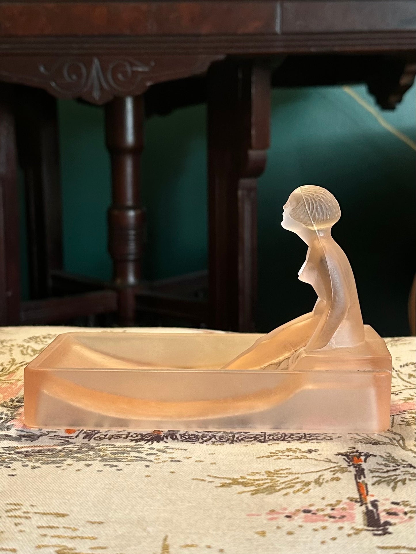 1981 Art Deco Nude Lady Bathing Pink Frosted Glass Soap Dish or Trinket Tray
