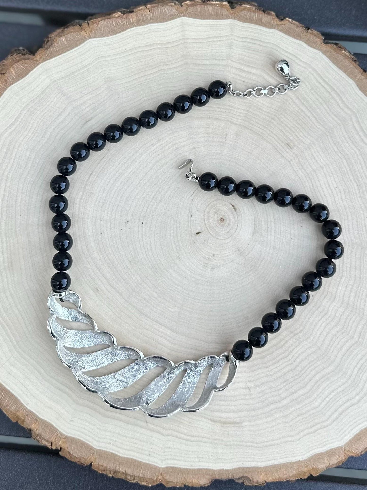 1980s Signed MONET Black & Silver Tone Beaded Collar Bib Necklace Adjustable