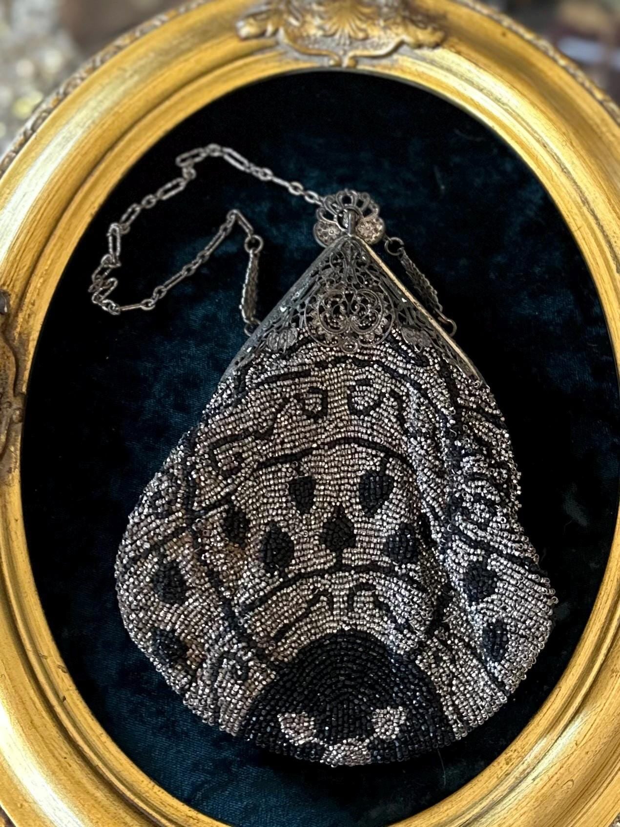 Antique Circa 1910s Edwardian Silver Steel & Black Glass Micro Beaded Evening Bag with Compact Mirror