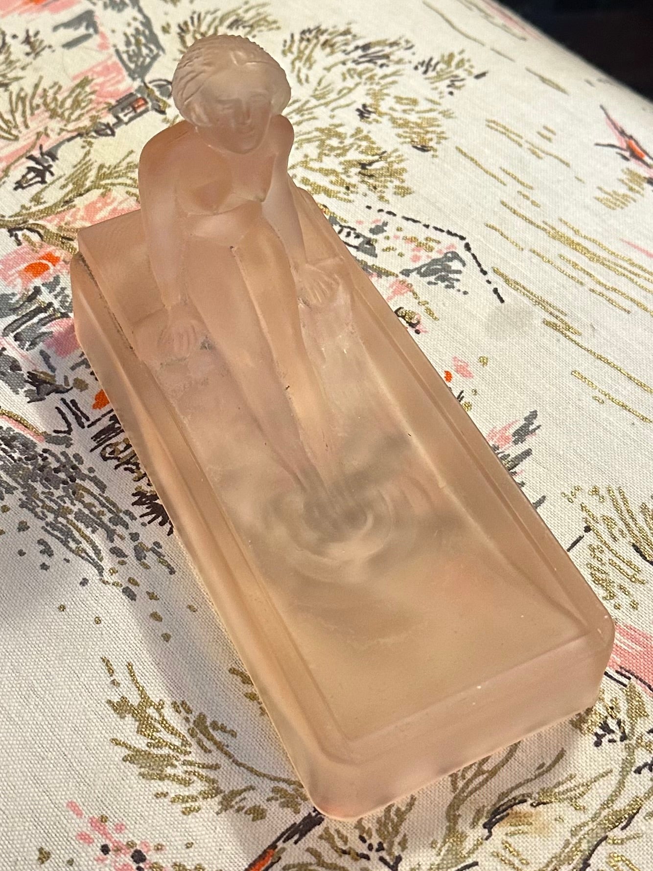 1981 Art Deco Nude Lady Bathing Pink Frosted Glass Soap Dish or Trinket Tray