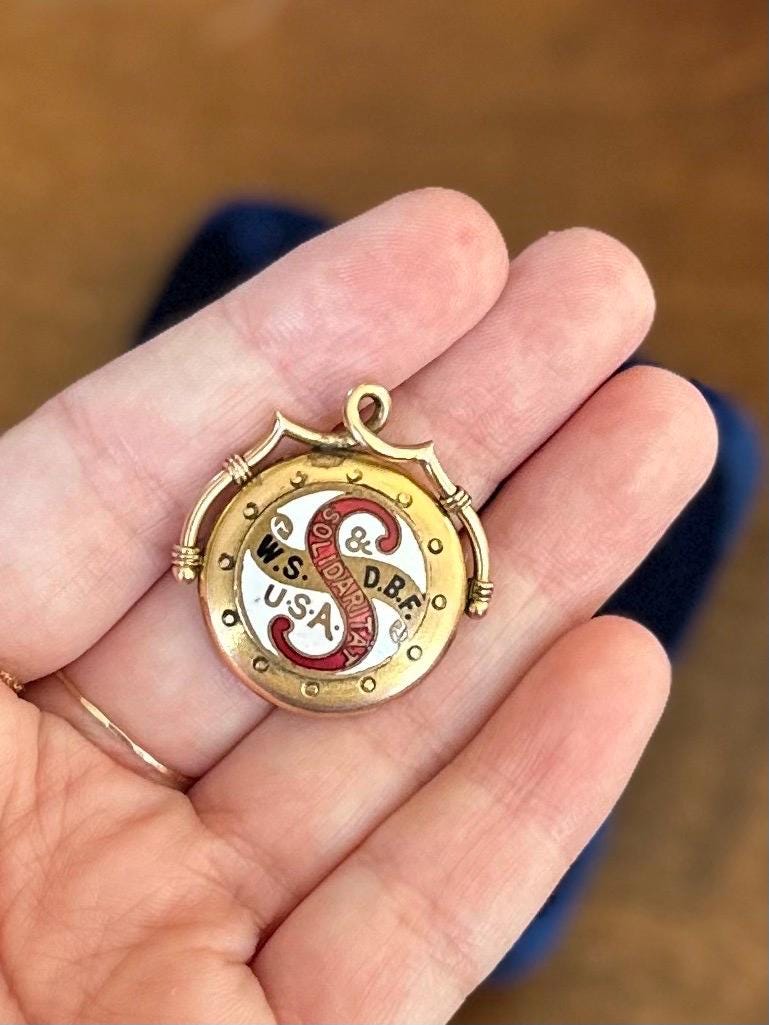 Antique Victorian 14k Yellow Gold Enamel Workmen’s Sick and Death Benefit Fund WS & DBF Solidaritat Monogrammed Locket