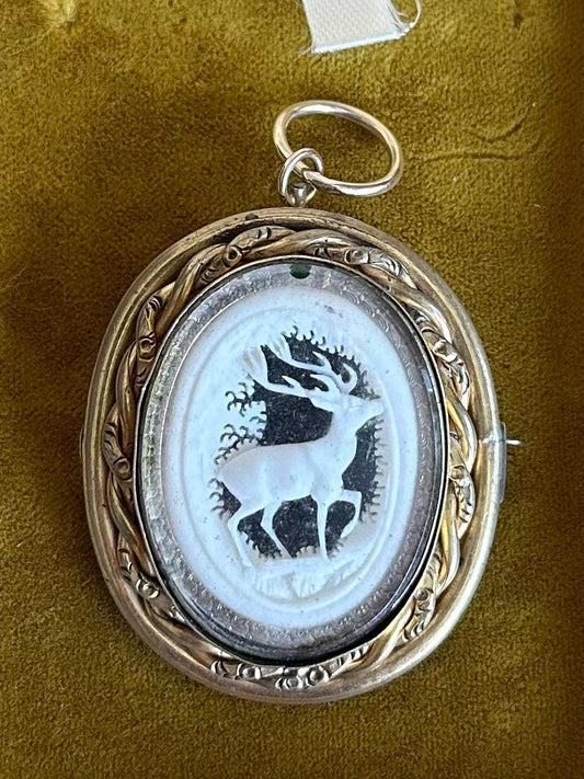 Antique Victorian Hand Carved Shell Stag Deer Pictorial Landscape Pinchbeck Brooch or Pendant