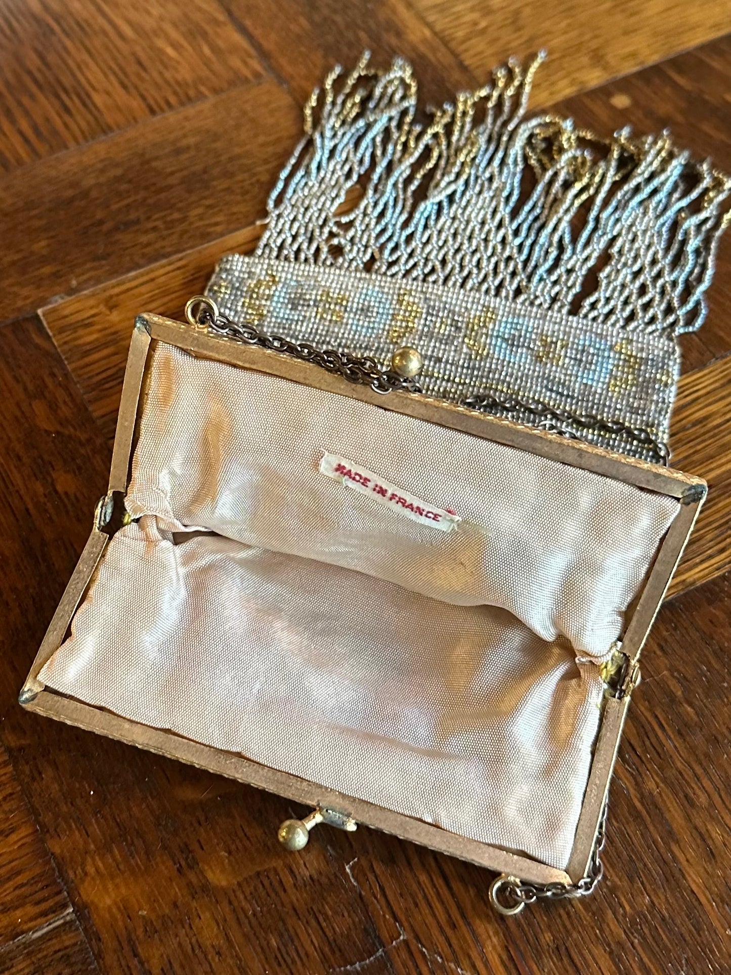 Antique 1900s Edwardian French Steel Micro Beaded Evening Purse with Fringe