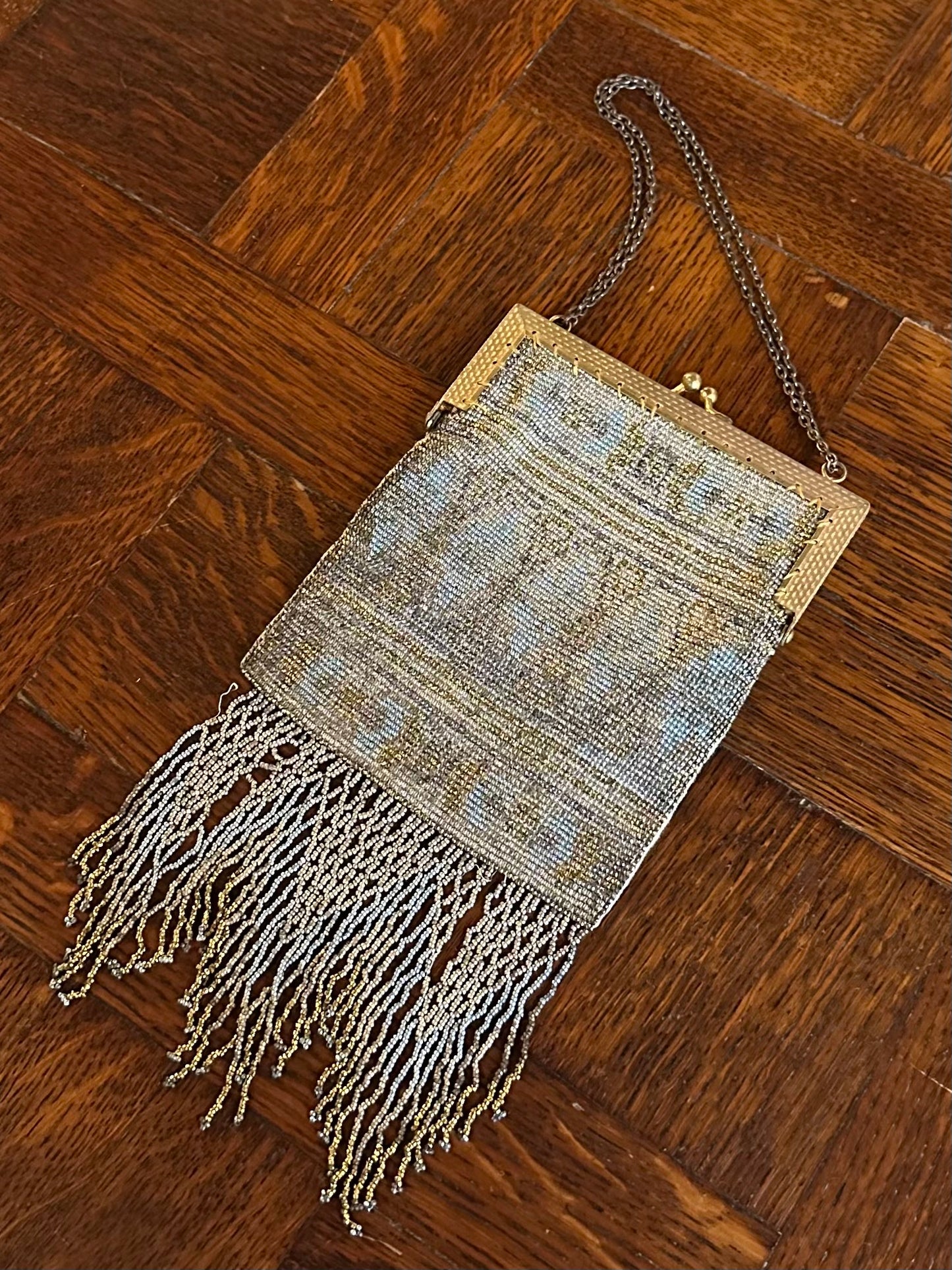 Antique 1900s Edwardian French Steel Micro Beaded Evening Purse with Fringe