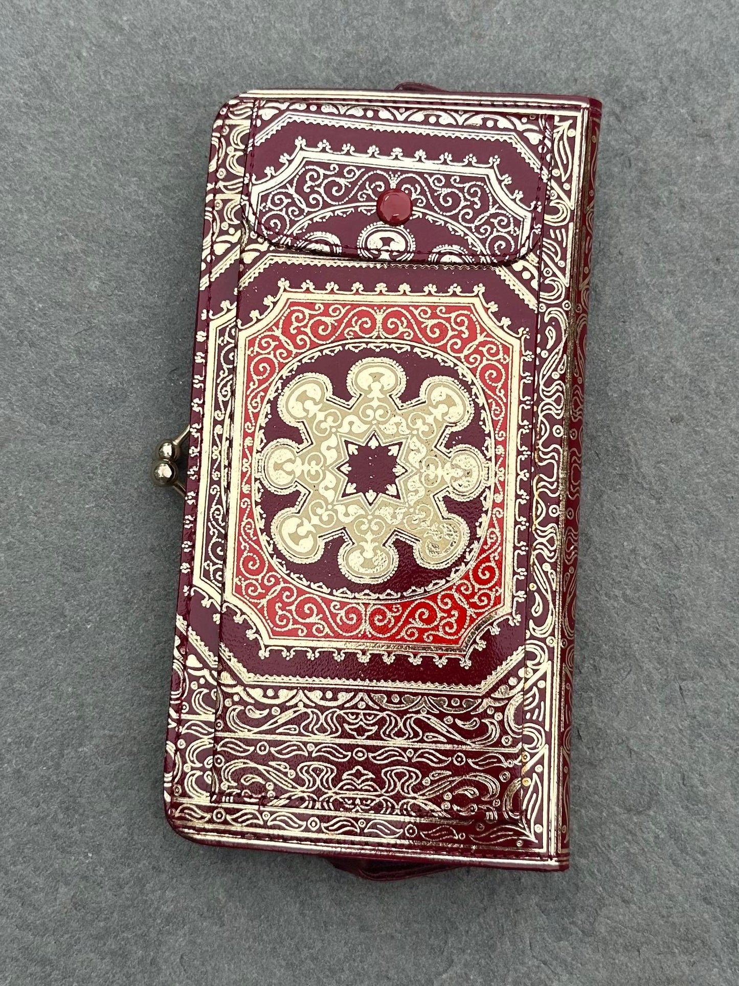 1940s 1950s Florentine Gold Embossed Maroon Red Italian Genuine Leather Continental Wallet