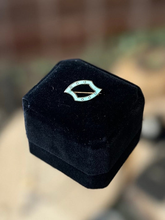 Antique Edwardian Teal Guilloche Enamel & Brass Mini Pin