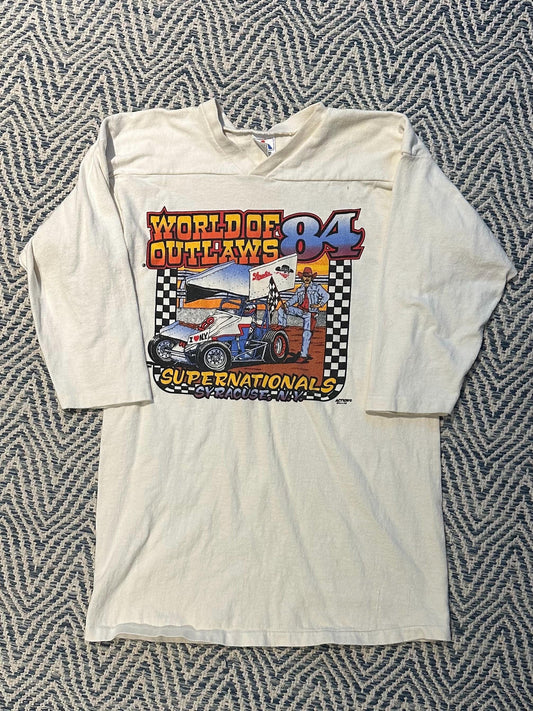 1984 World of Outlaws Supernationals Syracuse NY Racing 3/4 Sleeve Ringer Tee