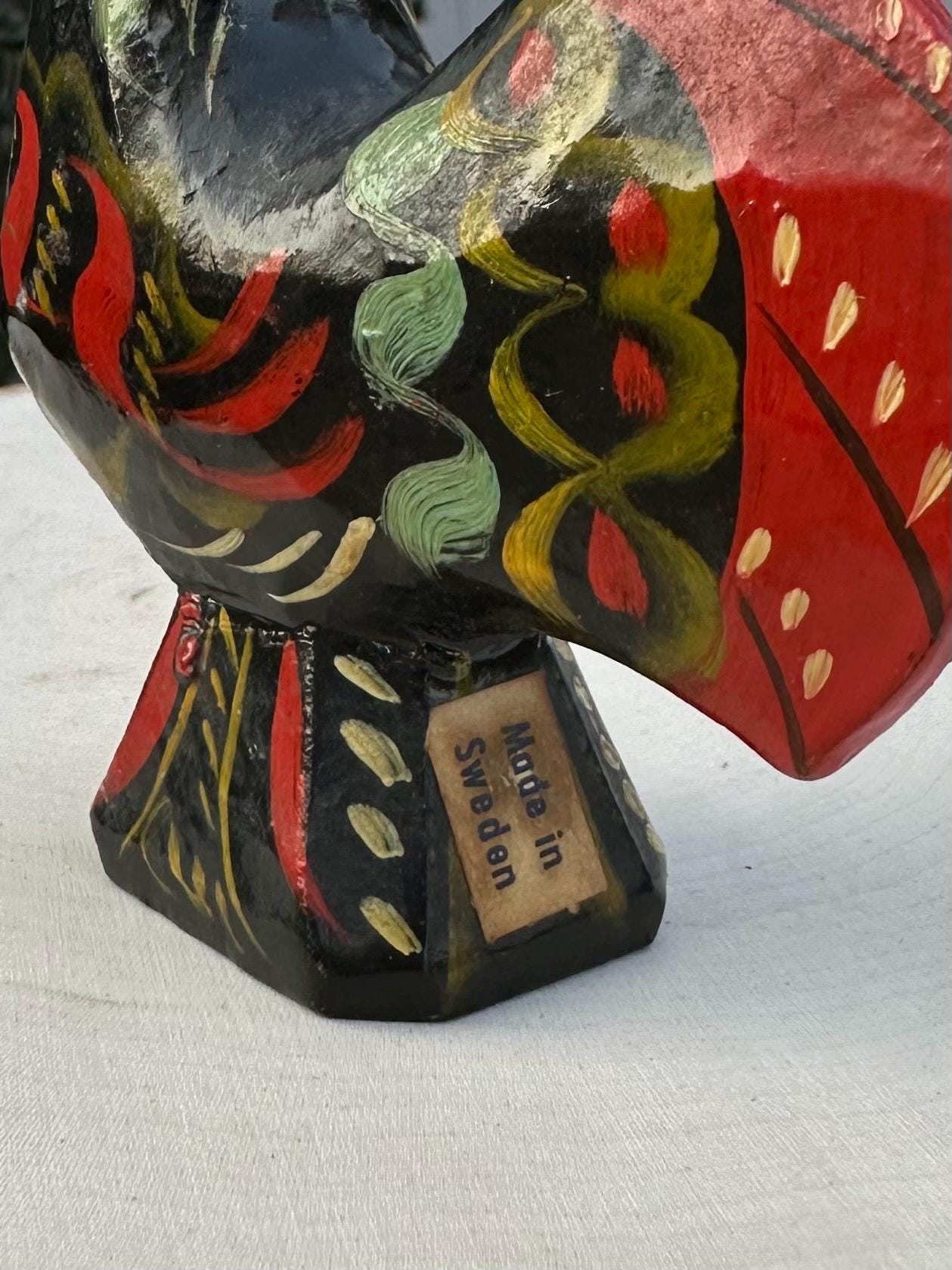 1950s 1960s Swedish Midcentury Folk Art Hand Carved & Hand Painted Black Dala Rooster