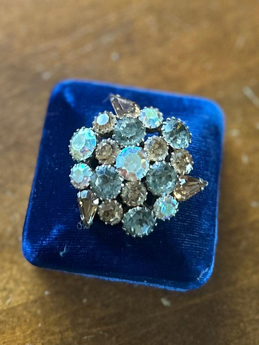 1950s 1960s Signed KARU ARKE INC Topaz Smokey Aurora Borealis Rhinestone Brooch Midcentury