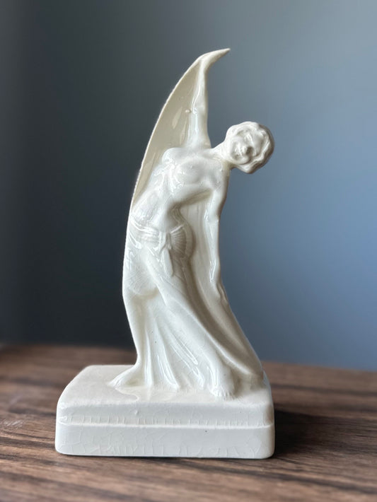 Vintage Ivory Color Glazed Ceramic Art Deco Flapper Nude Woman Dancing Pedestal Figurine