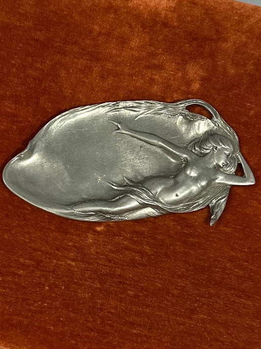 Vintage European Pewter Art Nouveau Revival Nude Nymph Decorative Tray Trinket Dish