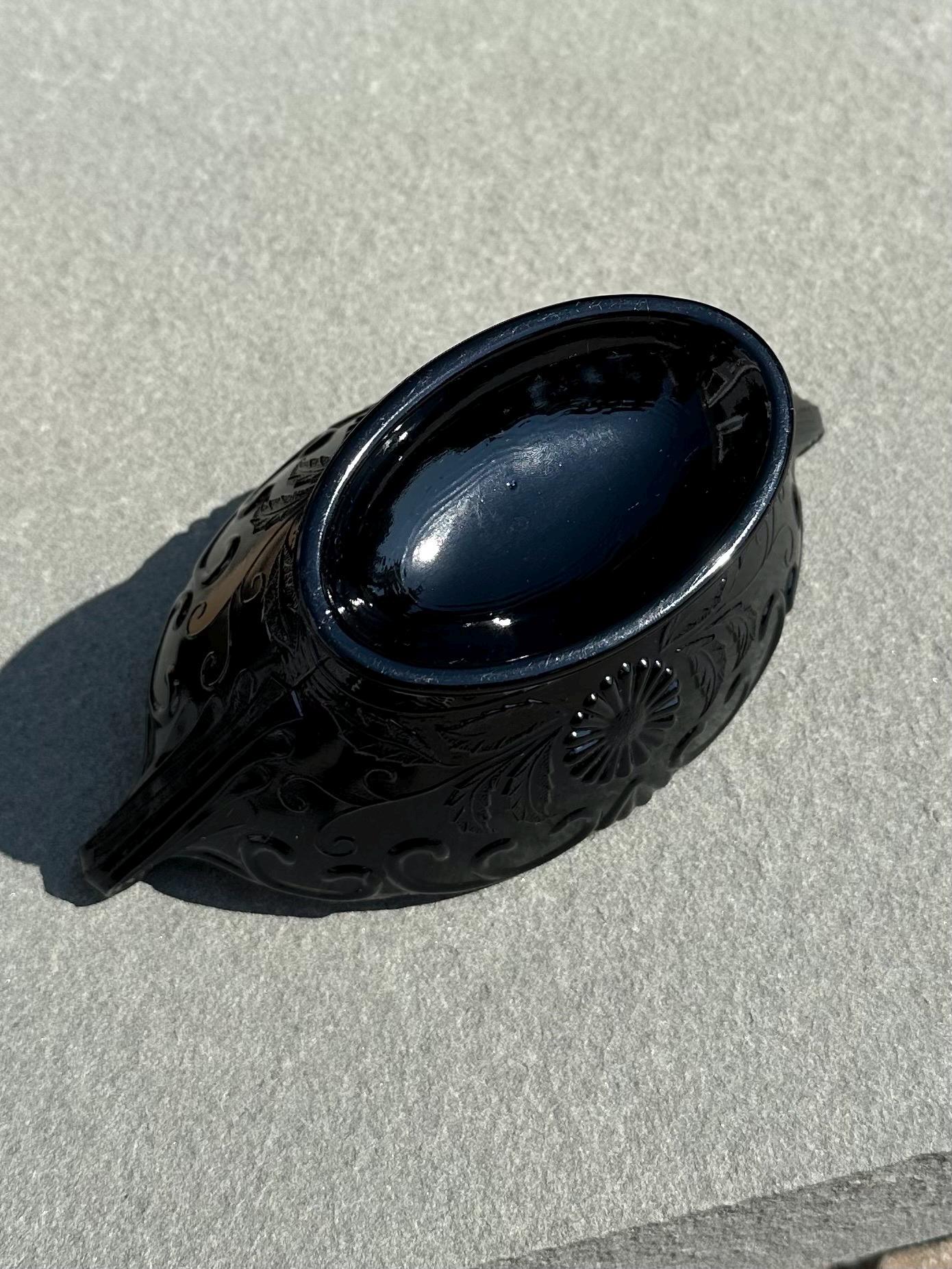 1930s Art Deco McKee Autumn Pattern Black Amethyst Glass Oval Footed Bowl Compote | 1 Piece