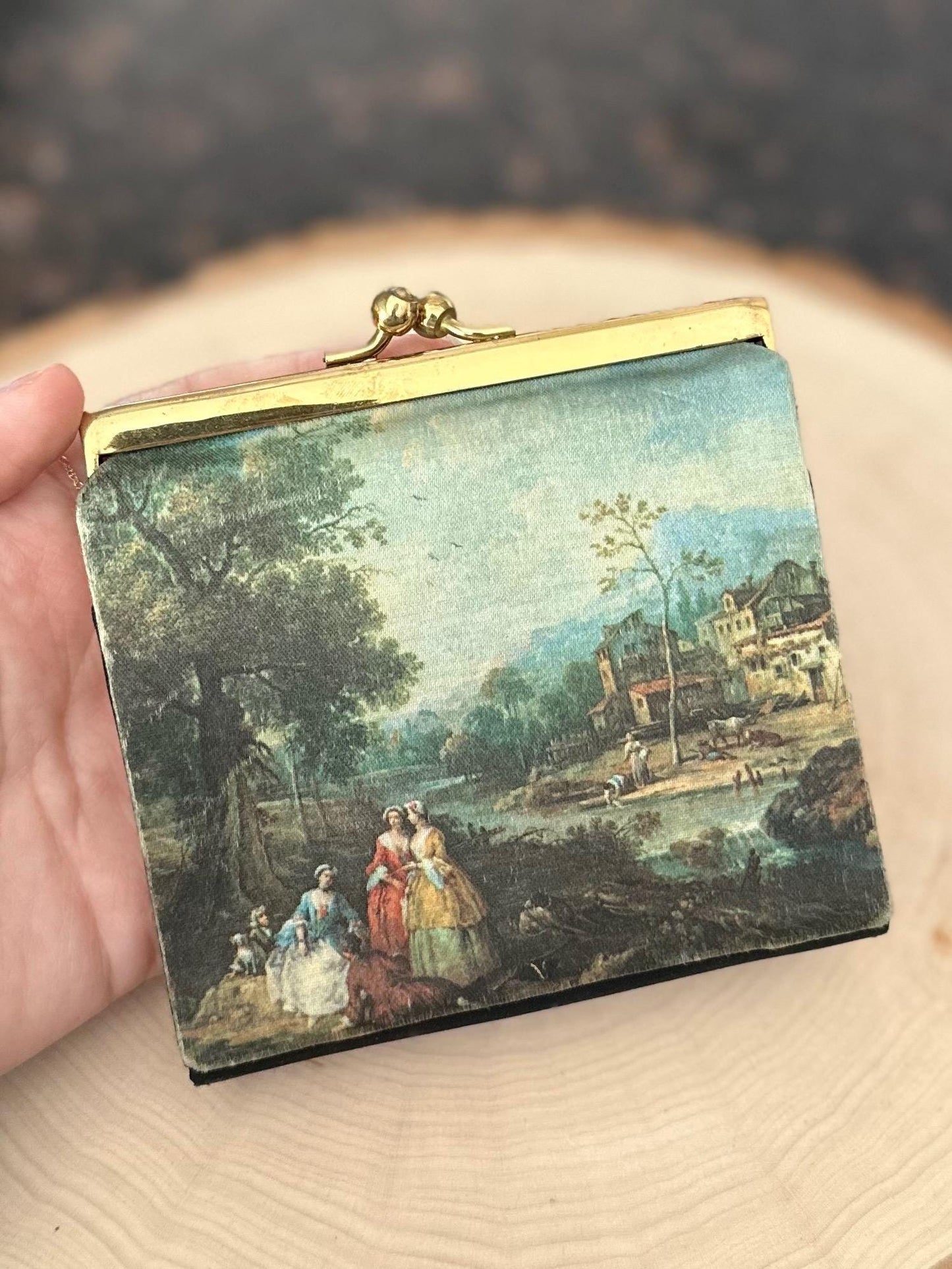 1950s Italian Printed Silk Victorian Courting Couple Trifold Wallet Coin Purse Fiocchi Lecco