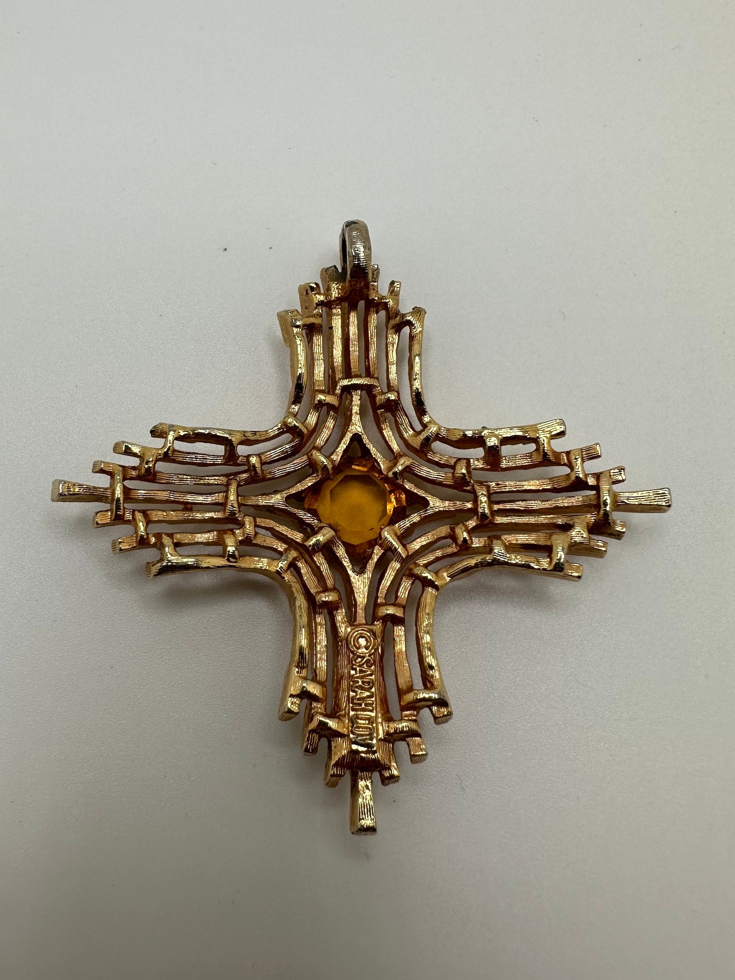 1960s 1970s Signed Sarah Coventry Gold Tone And Faux Topaz Omega Cross Pendant