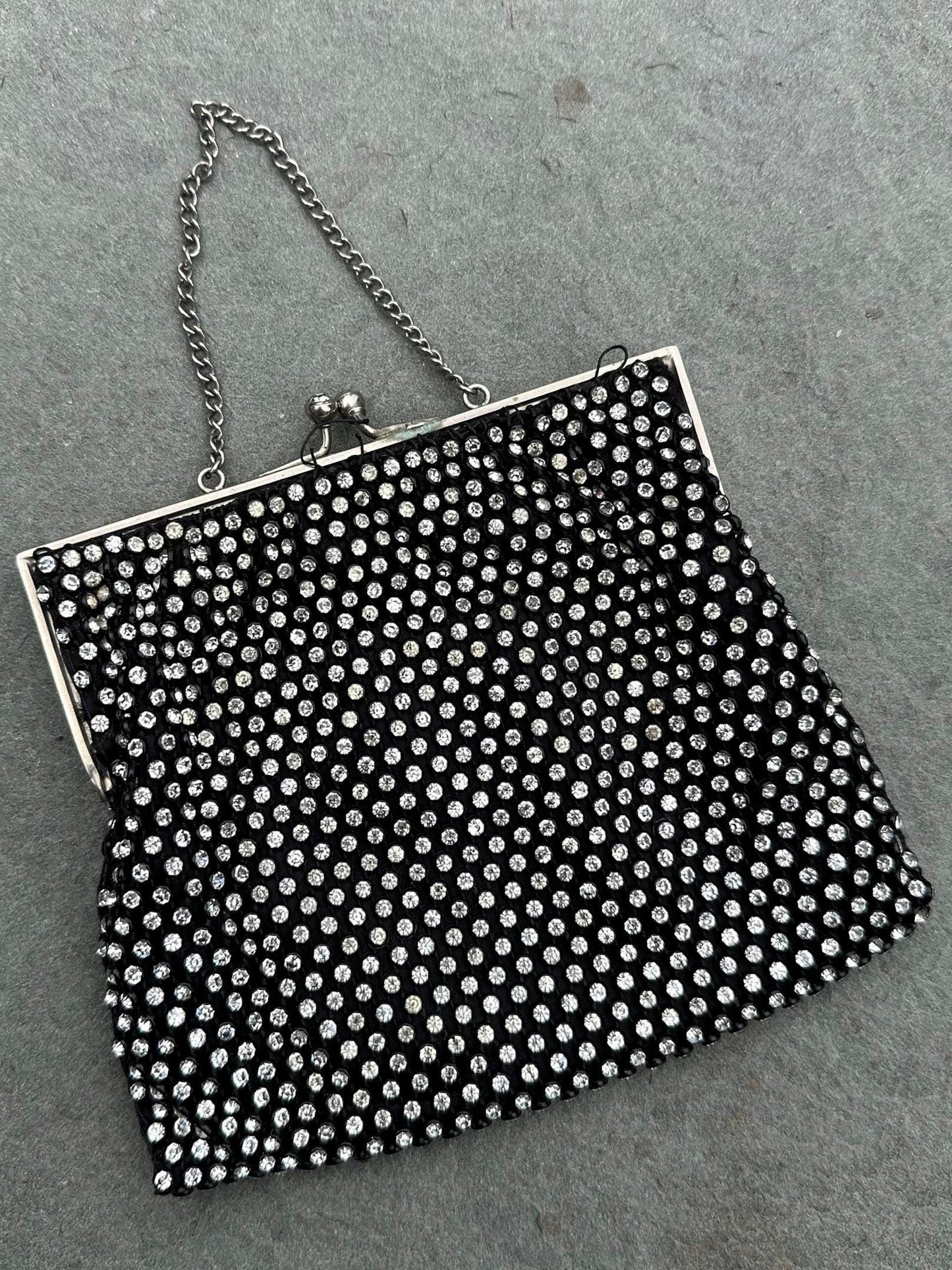 1930s 1940s Art Deco Rhinestone Jewelled Black Evening Bag
