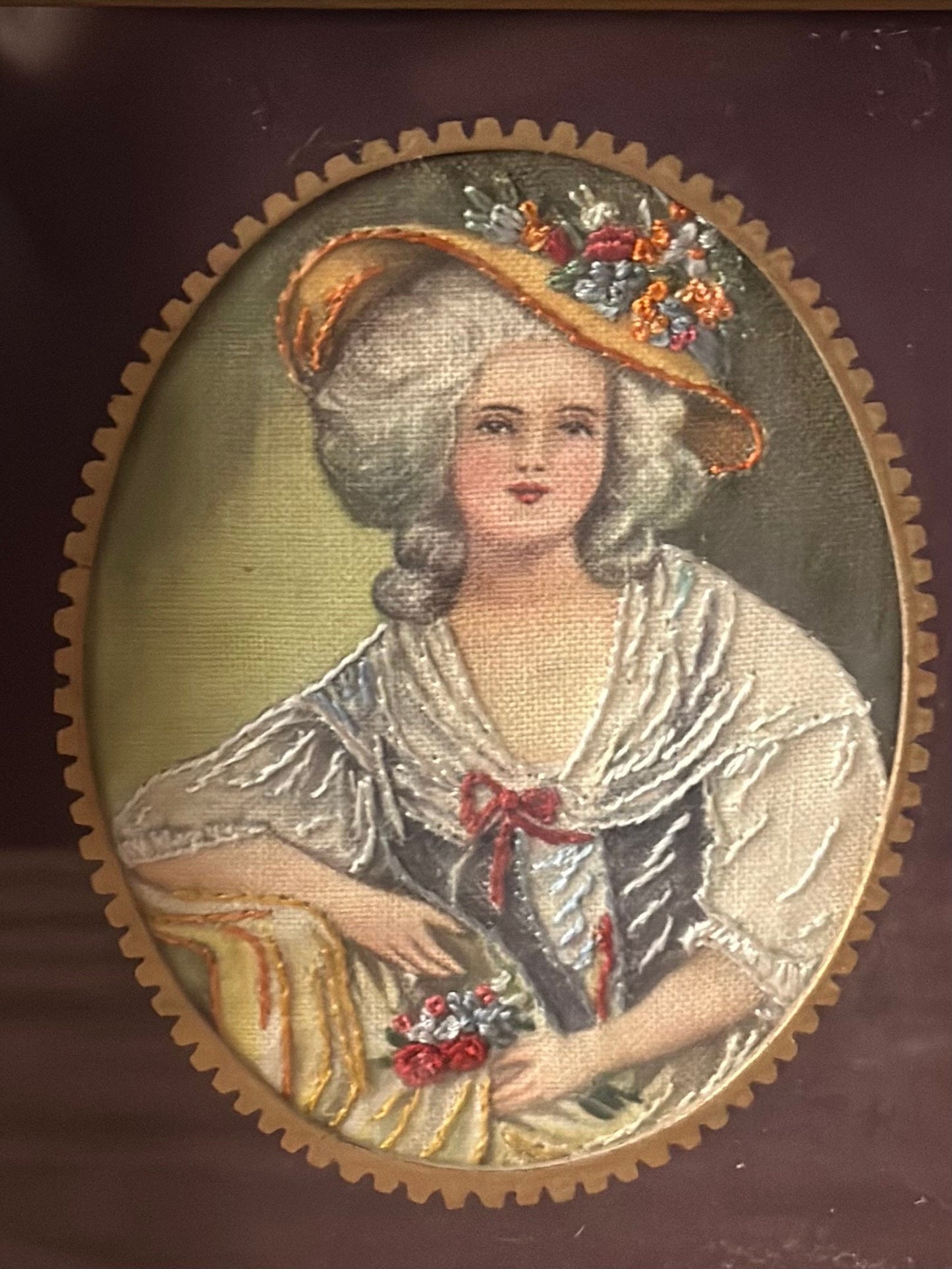 1940s Wood Framed Needle Painting Embroidered Fabric Print Portrait of Elizabeth of France, Dated 1946