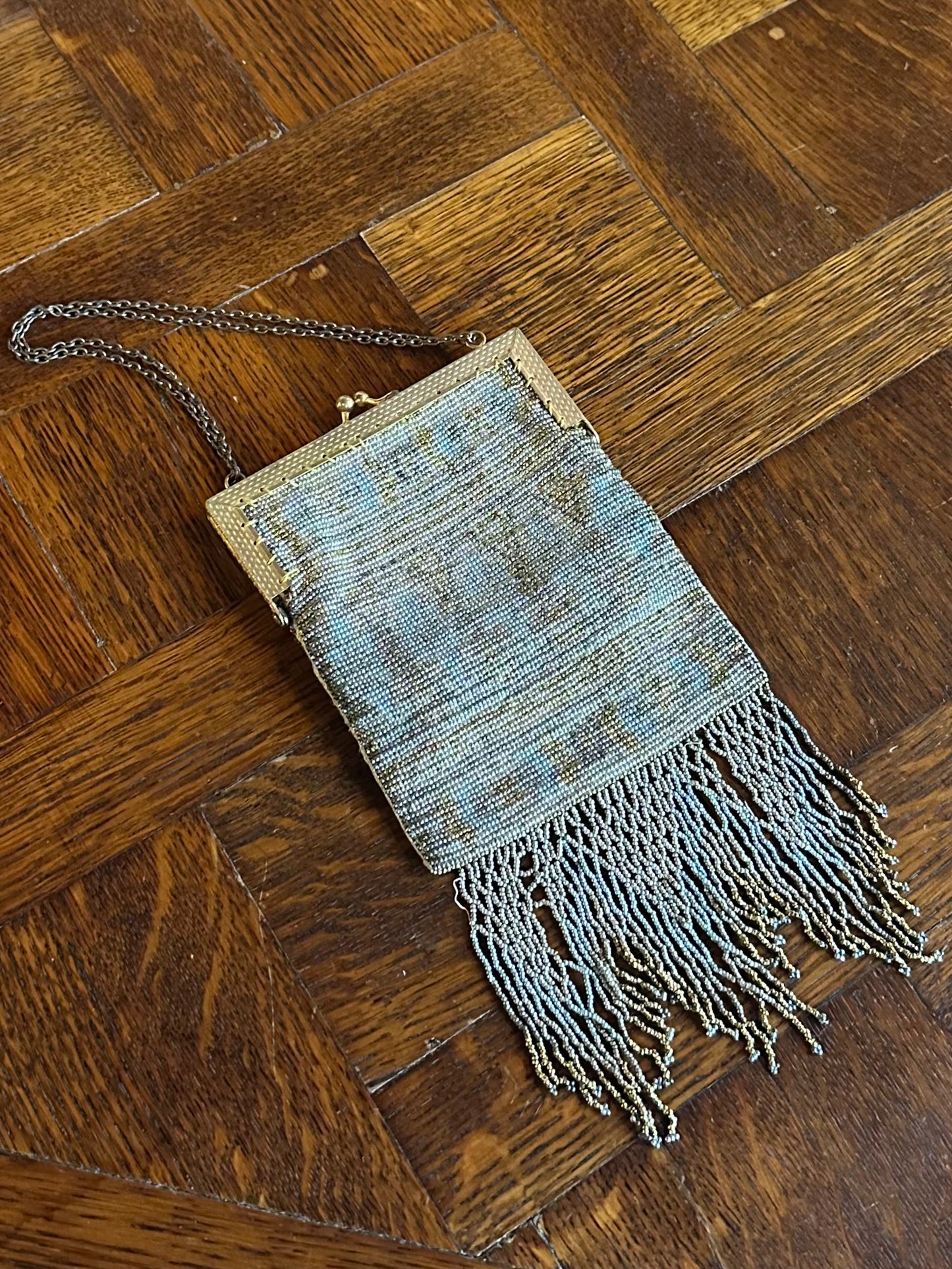 Antique 1900s Edwardian French Steel Micro Beaded Evening Purse with Fringe