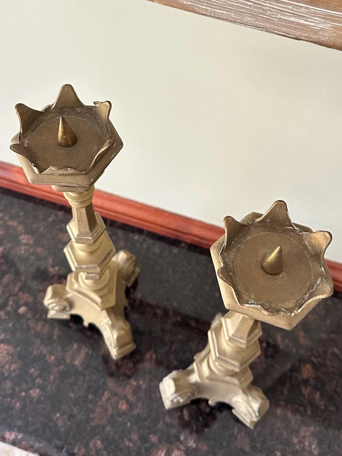 Pair of 1950s French Gothic Style Solid Brass Large Taper Candleholders Prickets
