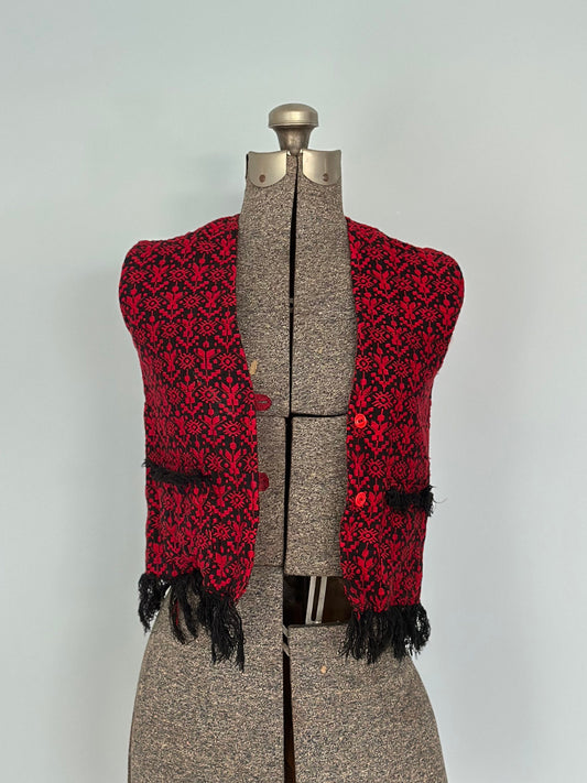 1970s Guatemalan Red & Black Woven Vest with Fringe