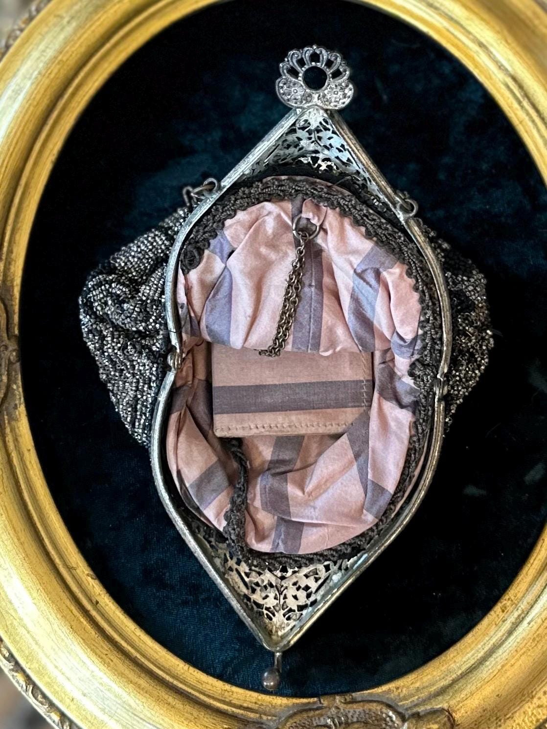 Antique Circa 1910s Edwardian Silver Steel & Black Glass Micro Beaded Evening Bag with Compact Mirror