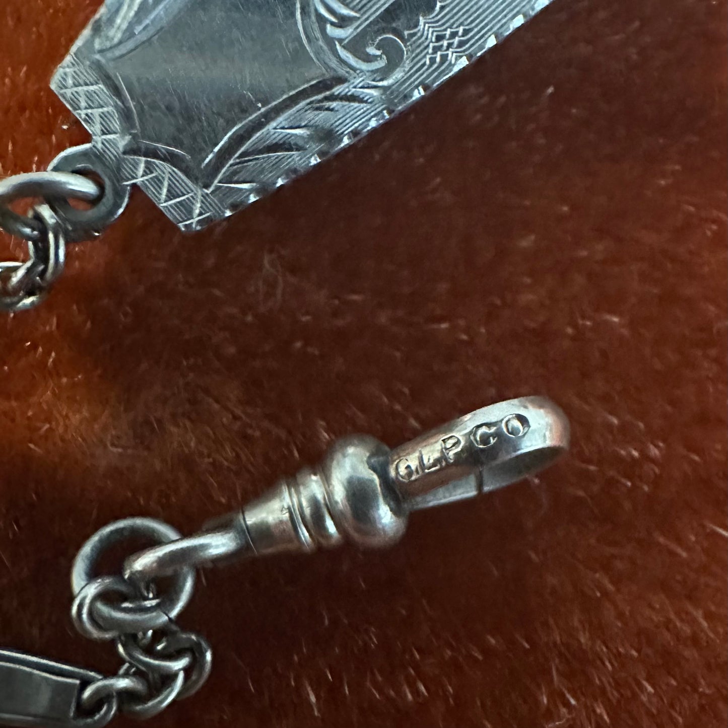 Antique 1923 Art Deco Signed GLP Co. George L Paine Silver Tone Engraved Belt Loop Watch Chain Dog Clip Clasp