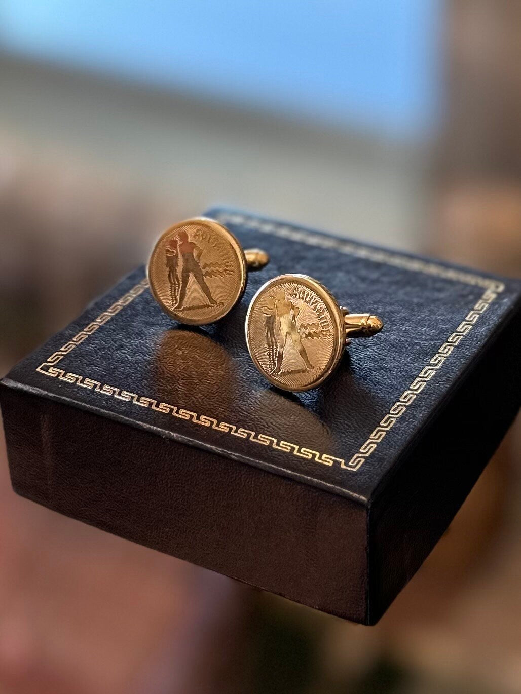 1960s Signed DANTE Aquarius Gold Tone Bullet Back Cuff Links Pair