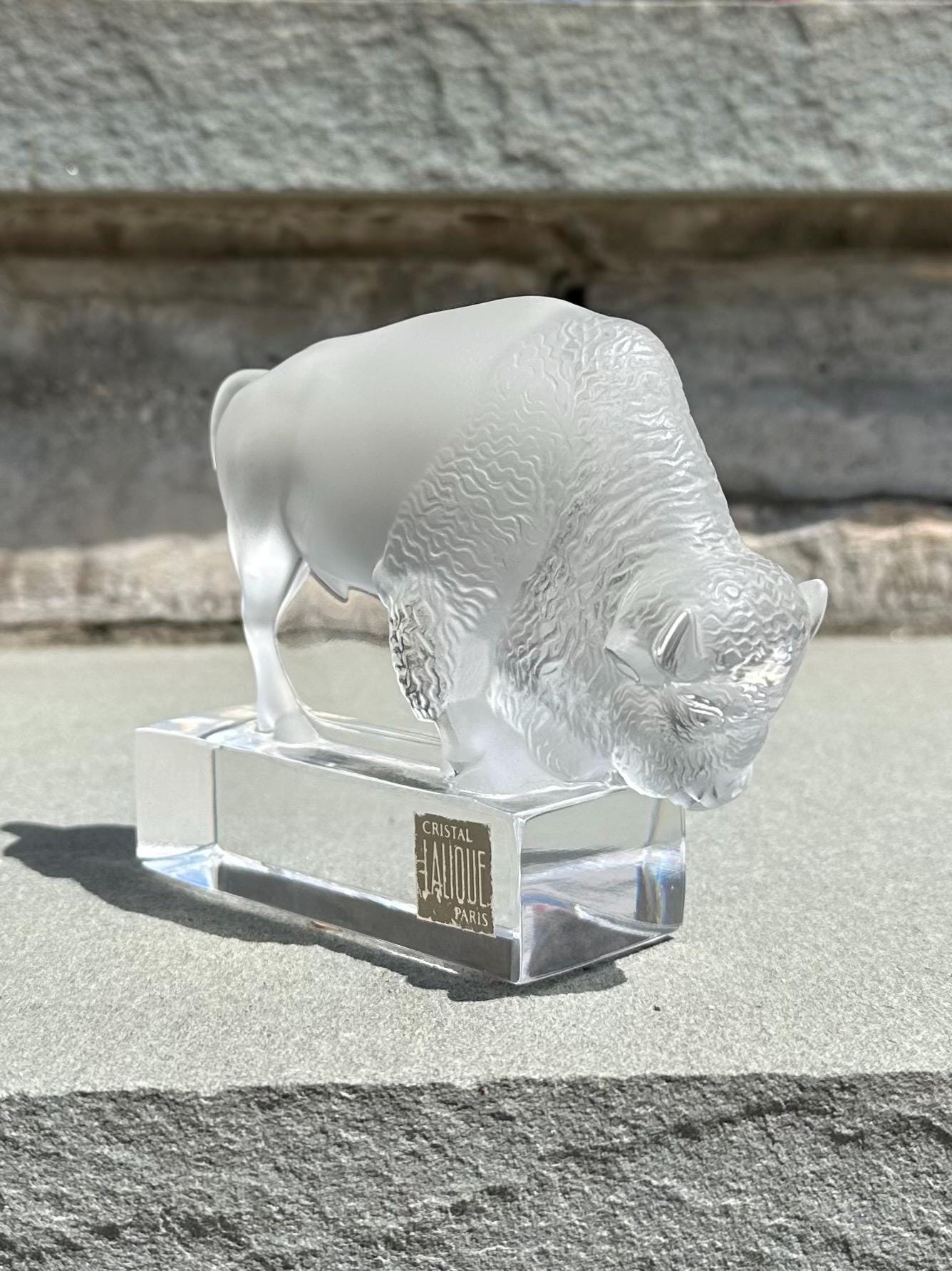1970s Signed LALIQUE Paris France Cristal Frosted Crystal Buffalo Bison Paperweight