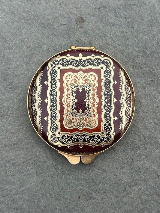 1940s 1950s Florentine Gold Embossed Maroon Italian Genuine Leather Mirror Powder Compact Midcentury | NEVER USED