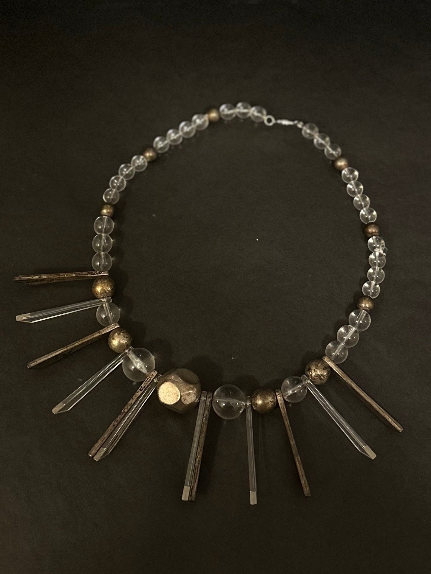 1950s Geometric Daggers & Clear Lucite Silver Tone Graduated Beaded Collar Necklace