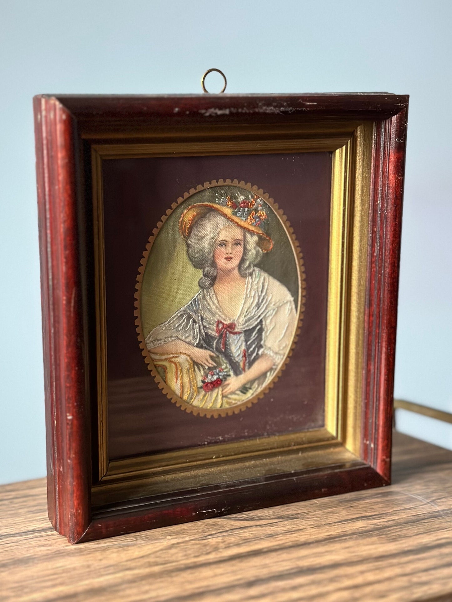 1940s Wood Framed Needle Painting Embroidered Fabric Print Portrait of Elizabeth of France, Dated 1946