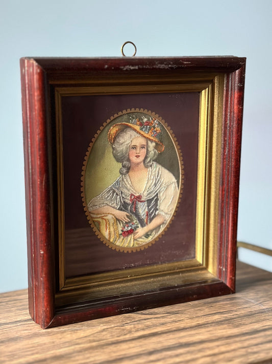1940s Wood Framed Needle Painting Embroidered Fabric Print Portrait of Elizabeth of France, Dated 1946