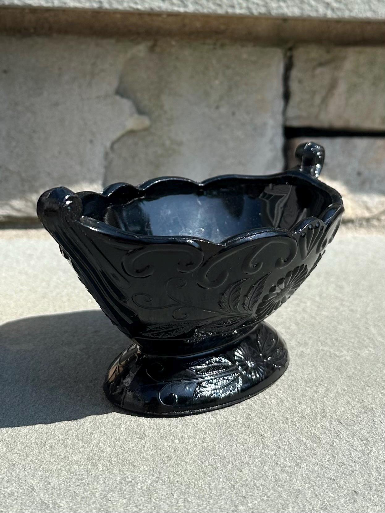 1930s Art Deco McKee Autumn Pattern Black Amethyst Glass Oval Footed Bowl Compote | 1 Piece