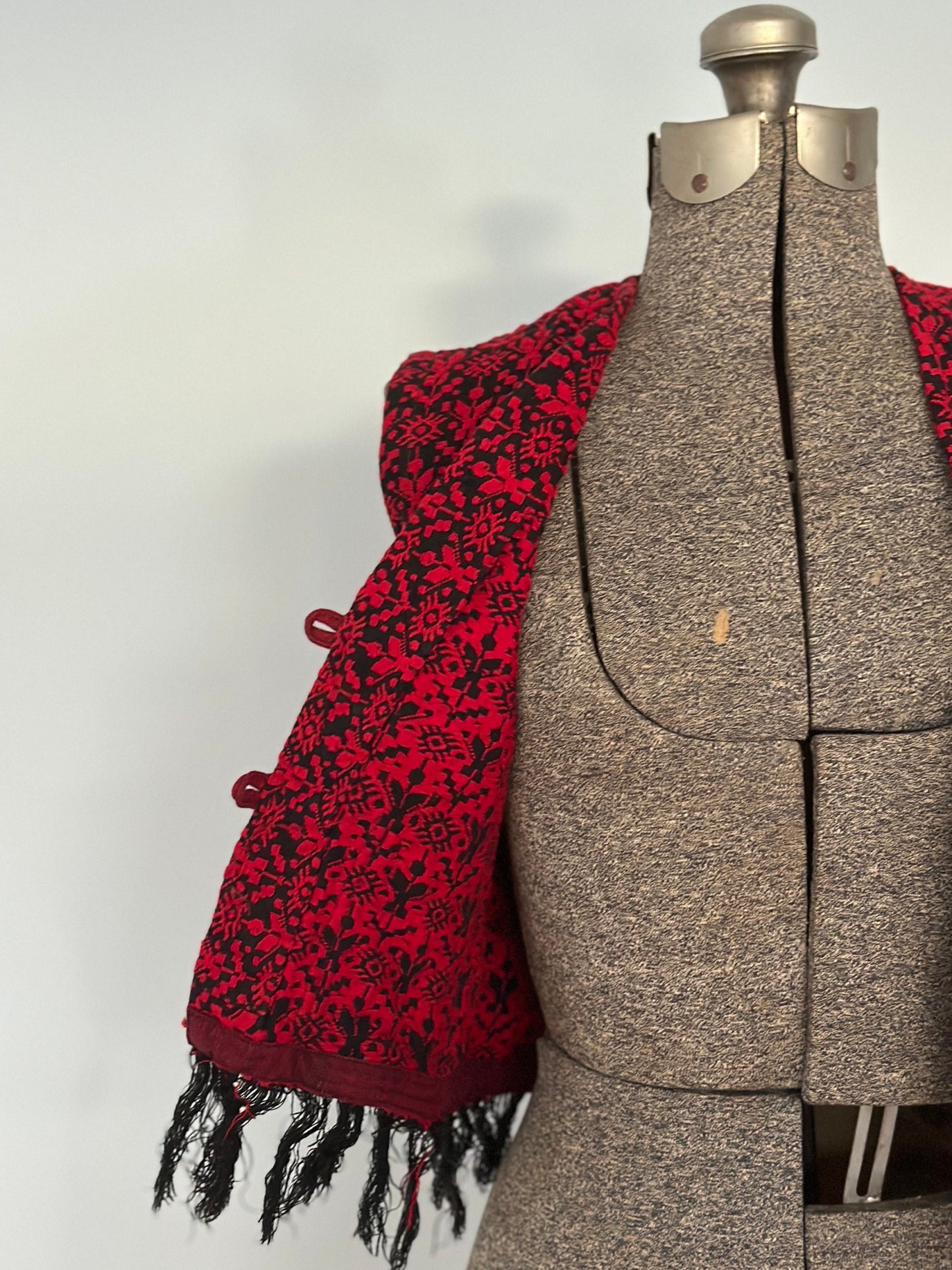 1970s Guatemalan Red & Black Woven Vest with Fringe