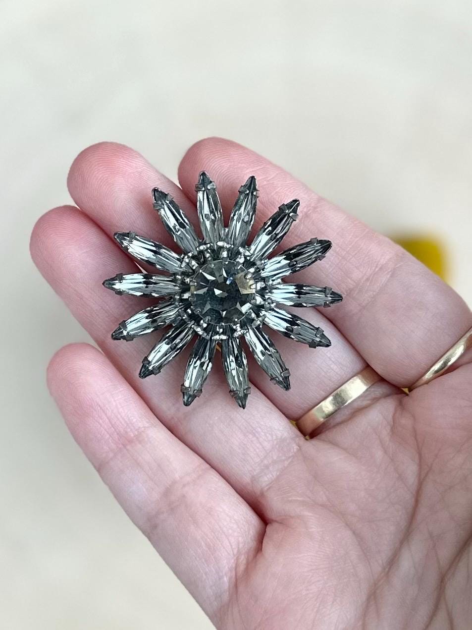 1950s Midcentury Smokey Grey Glass Rhinestone Floral Star Brooch