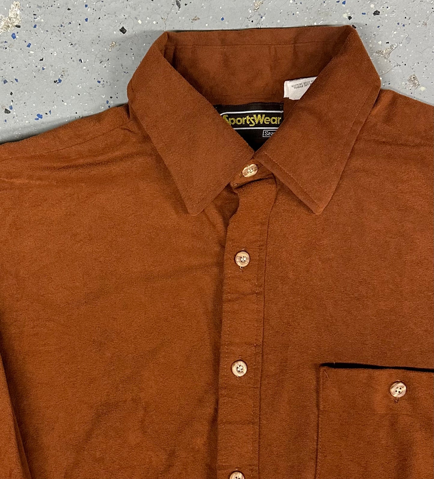 1970s Sears Sportswear Burnt Orange Brown Velvet Long Sleeve Collared Shirt