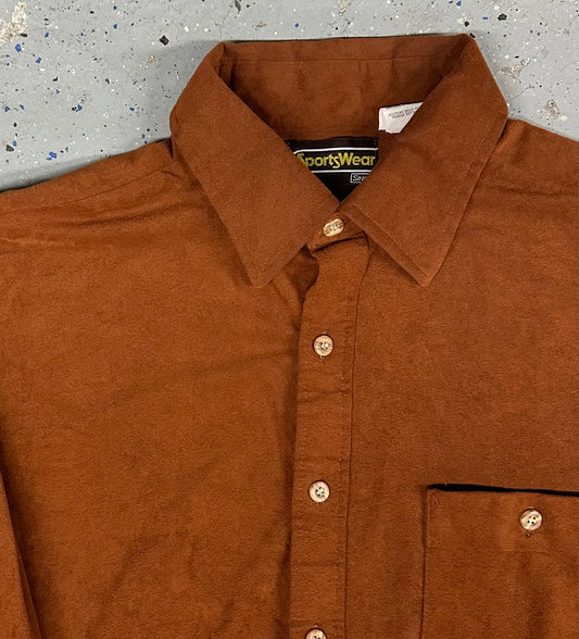 1970s Sears Sportswear Burnt Orange Brown Velvet Long Sleeve Collared Shirt