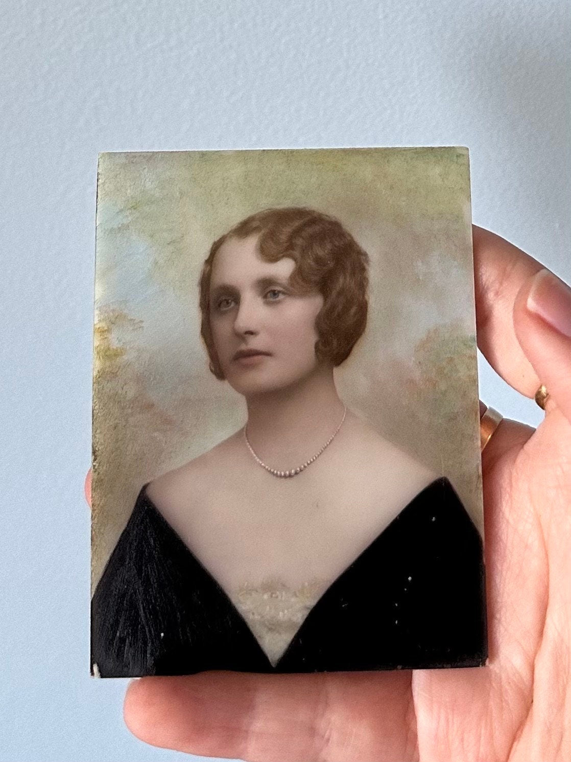 1930s Art Deco Framed Signed Hand Painted Portrait on Glass in Leather Wrapped & Velvet Case