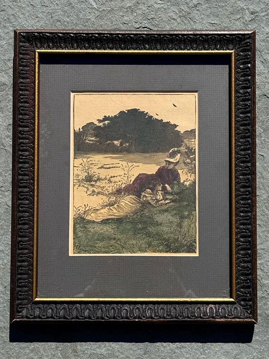 Framed Antique 1891 Hand Coloured Etching Print Two Victorian Women Signed