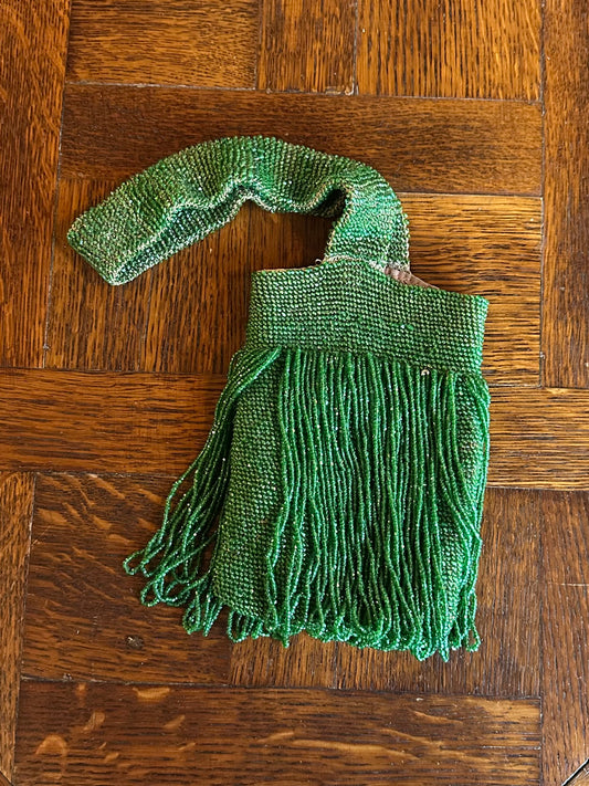 Antique 1920s Art Deco Green Glass Beaded Flapper Purse with Fringe
