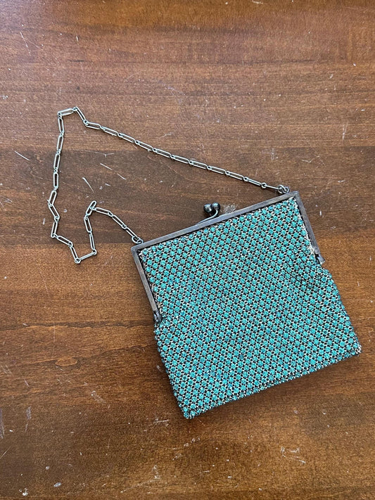 Antique Art Deco 1920s 1930s Czech Turquoise Faceted Rhinestone Chain Handle Purse Evening Bag