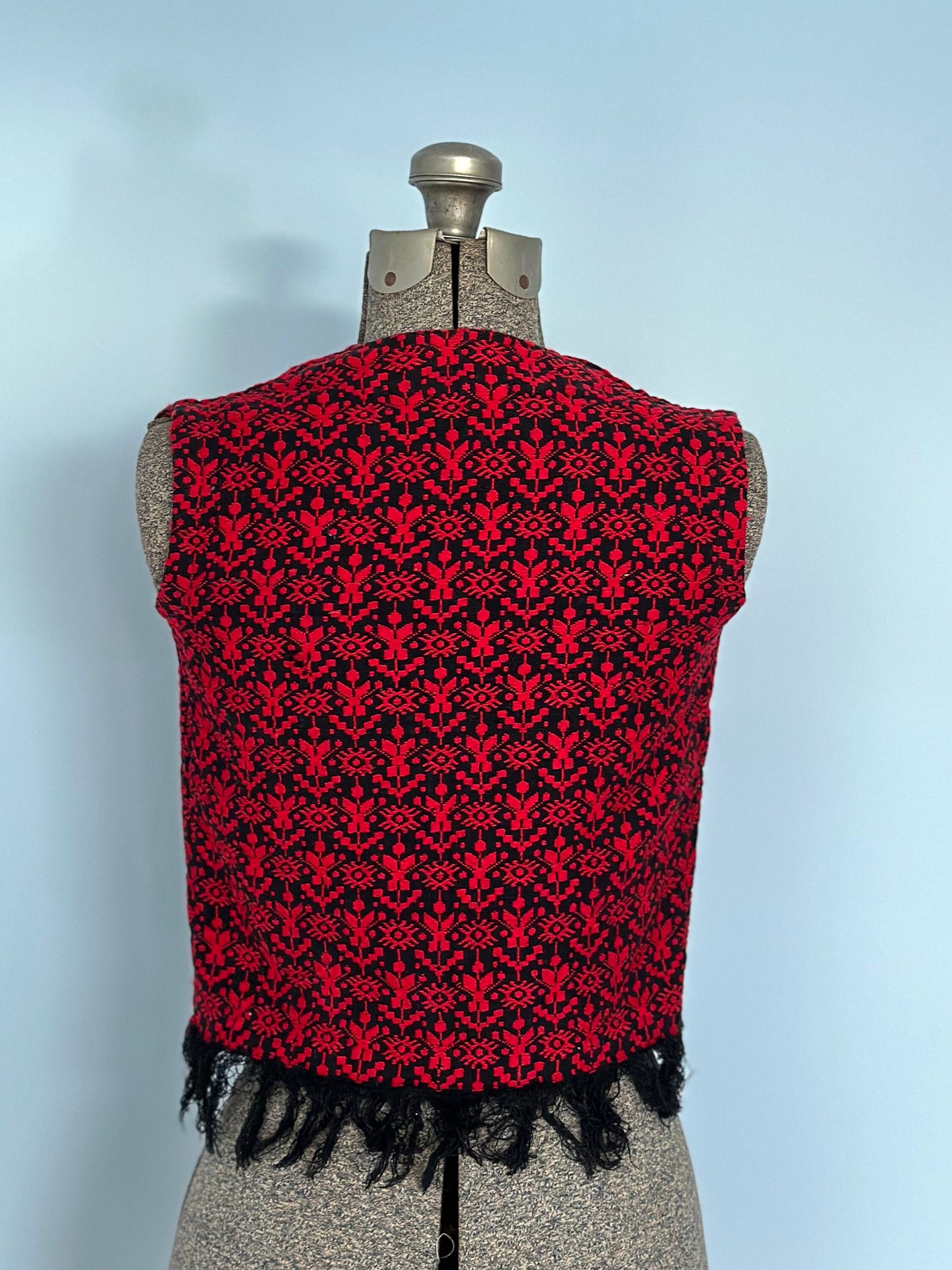 1970s Guatemalan Red & Black Woven Vest with Fringe