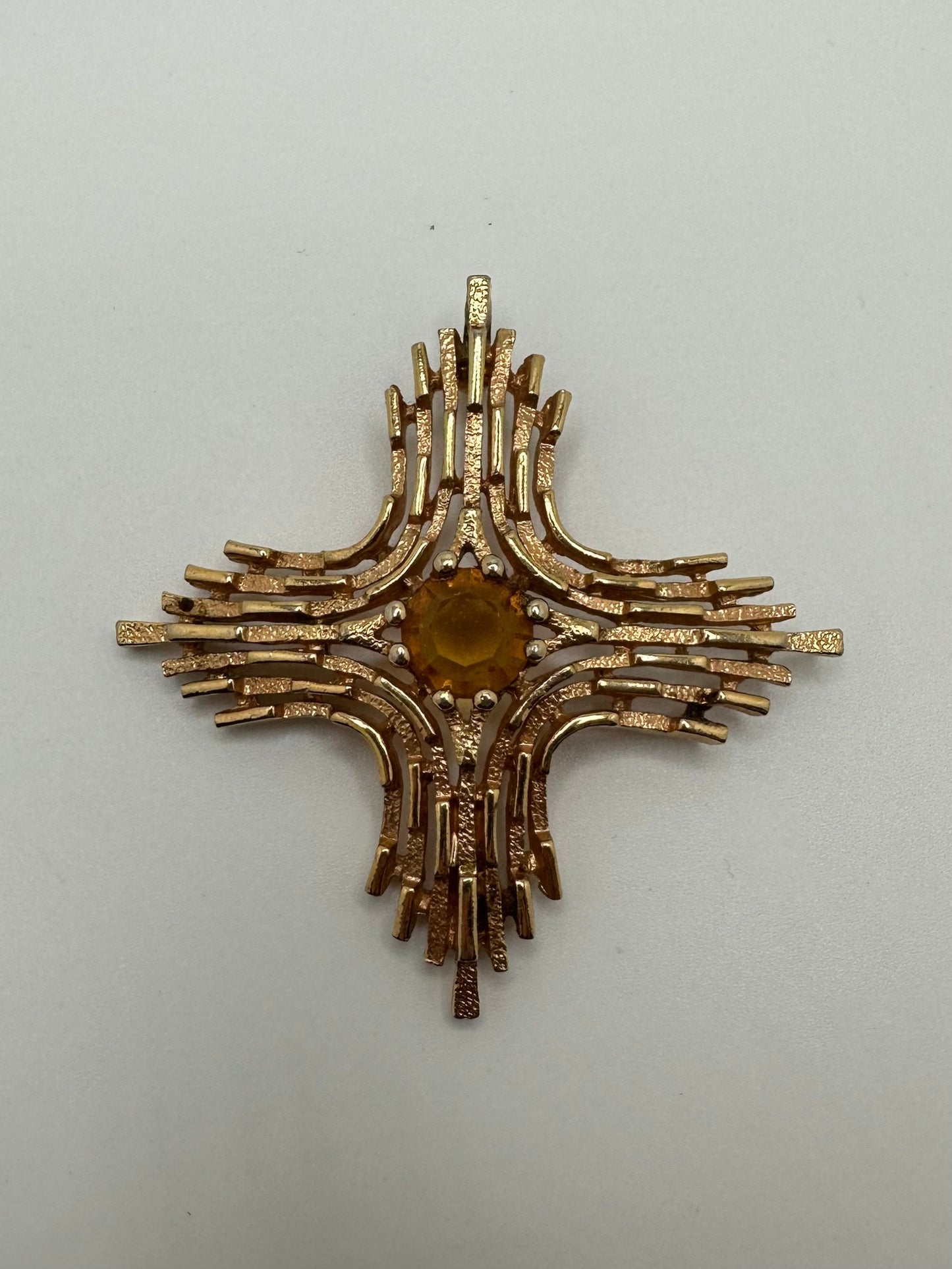 1960s 1970s Signed Sarah Coventry Gold Tone And Faux Topaz Omega Cross Pendant