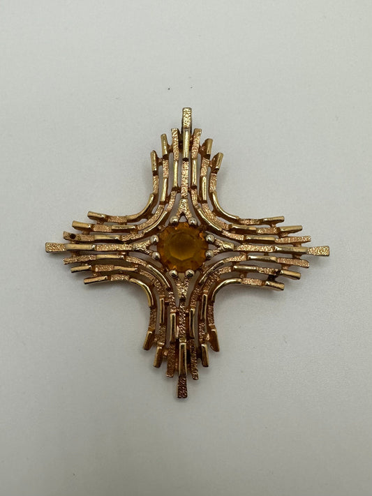 1960s 1970s Signed Sarah Coventry Gold Tone And Faux Topaz Omega Cross Pendant