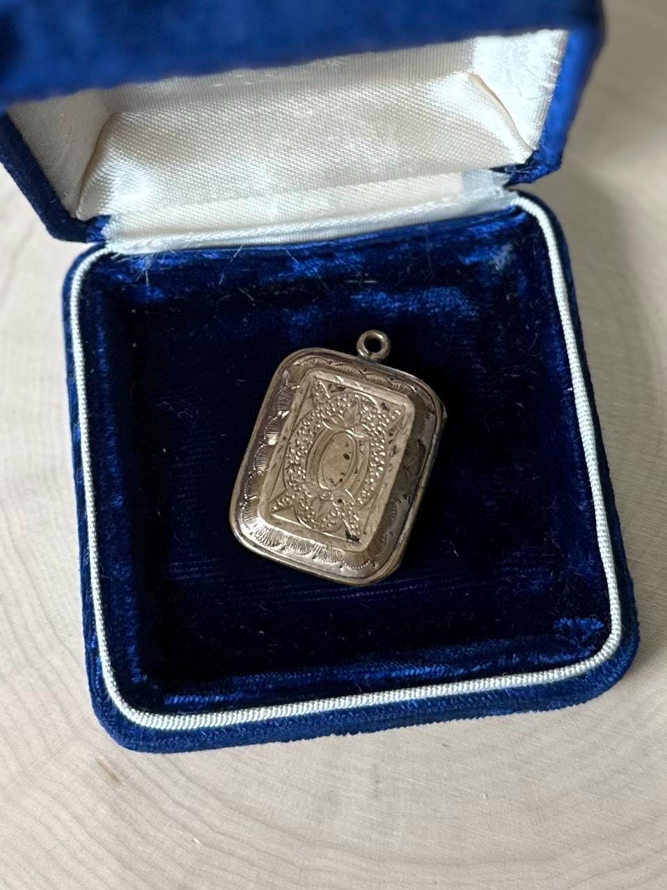 Antique 19th Century Victorian Gold Filled Hand Engraved Rectangular Locket 2 Tin Type Photos Husband & Wife Mourning