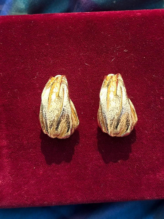 1980s Signed LES BERNARD Brutalist Abstract Gold Tone Statement Clip-on Earrings