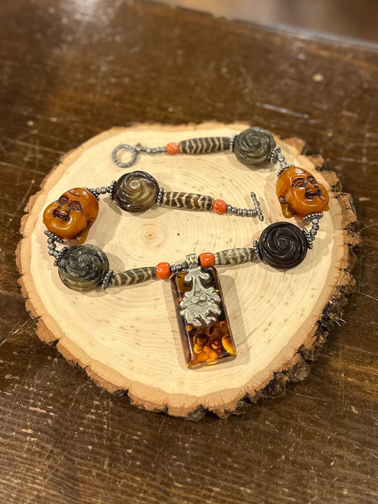 Vintage OOAK Artisan Handmade Large Tibetan Statement Necklace Happy Buddhas with Genuine Amber & Coral Toggle Clasp 20”